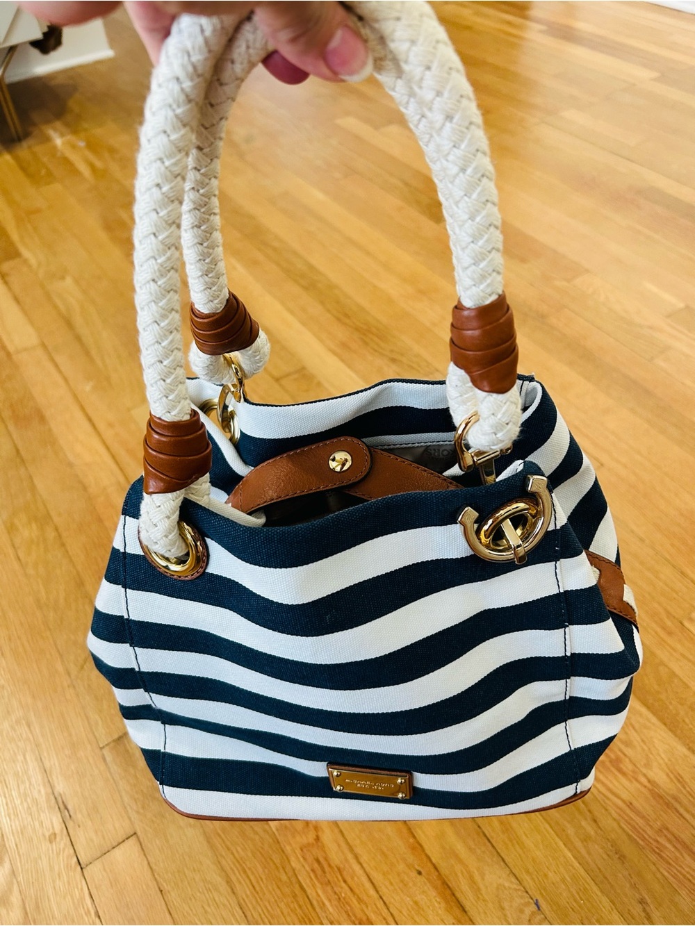 Michael Kors Navy and White Striped Rope-Handle Tote with Brown Trim - Picture 2 of 9